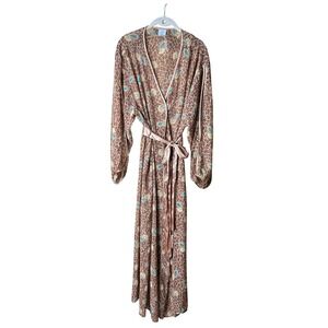 Cabernet Sleep Sense Robe 1X Brown Leopard Paisley Print‎ Satin Trim Long Sleeve